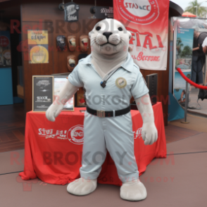 Silver Sea Lion mascot costume character dressed with a Henley Tee and Belts