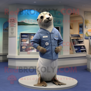 Silver Sea Lion mascot costume character dressed with a Henley Tee and Belts