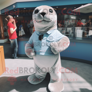 Silver Sea Lion mascot costume character dressed with a Henley Tee and Belts