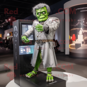 Silver Frankenstein mascot costume character dressed with a Cardigan and Smartwatches