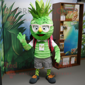 Olive Pineapple mascot costume character dressed with a Bermuda Shorts and Backpacks
