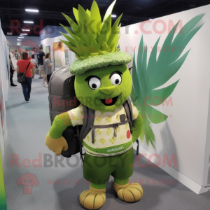 Olive Pineapple mascot costume character dressed with a Bermuda Shorts and Backpacks