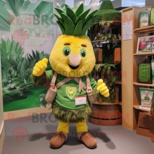 Olive Pineapple mascot costume character dressed with a Bermuda Shorts and Backpacks