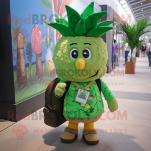 Olive Pineapple mascot costume character dressed with a Bermuda Shorts and Backpacks