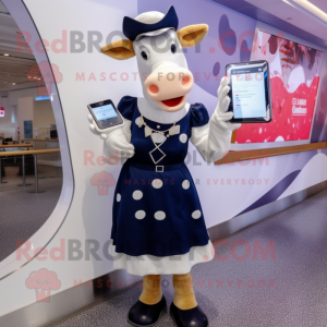 Navy Holstein Cow mascot costume character dressed with a Skirt and Smartwatches