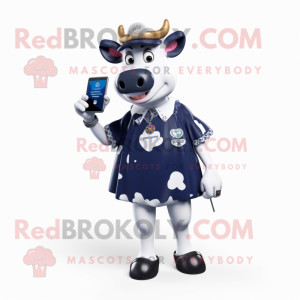 Navy Holstein Cow mascot costume character dressed with a Skirt and Smartwatches