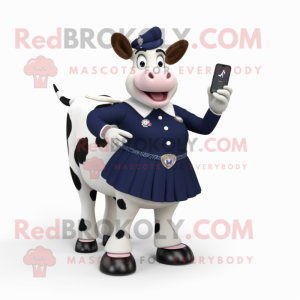 Navy Holstein Cow mascot costume character dressed with a Skirt and Smartwatches