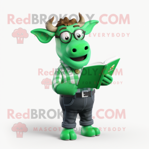 Forest Green Zebu mascot costume character dressed with a Overalls and Reading glasses