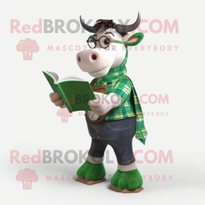 Forest Green Zebu mascot costume character dressed with a Overalls and Reading glasses