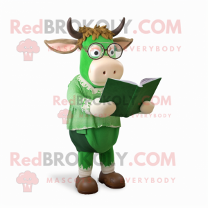 Forest Green Zebu mascot costume character dressed with a Overalls and Reading glasses