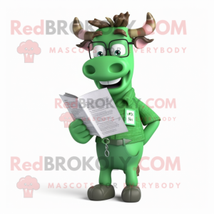 Forest Green Zebu mascot costume character dressed with a Overalls and Reading glasses