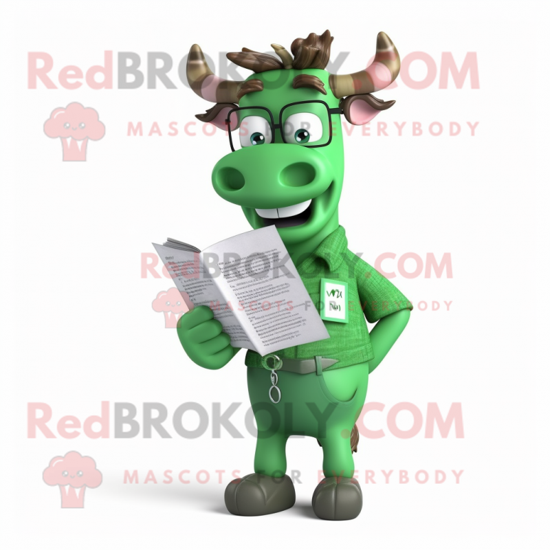 Forest Green Zebu mascot costume character dressed with a Overalls and Reading glasses Forest Green Zebu mascot costume character dressed with a Overalls and Reading glasses