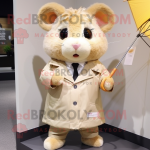 Tan Hamster mascot costume character dressed with a Raincoat and Tie pins