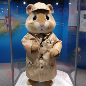 Tan Hamster mascot costume character dressed with a Raincoat and Tie pins