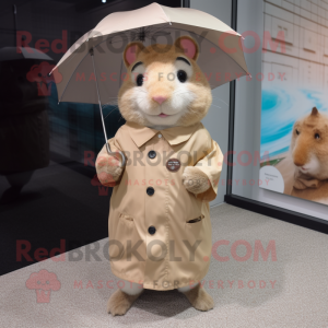 Tan Hamster mascot costume character dressed with a Raincoat and Tie pins