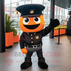 Black Orange mascot costume character dressed with a Flare Jeans and Berets