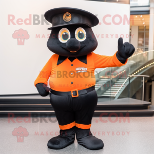 Black Orange mascot costume character dressed with a Flare Jeans and Berets