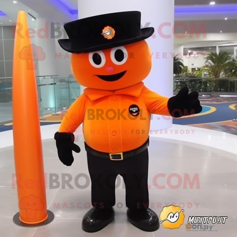 Black Orange mascot costume character dressed with a Flare Jeans and Berets Black Orange mascot costume character dressed with a Flare Jeans and Berets