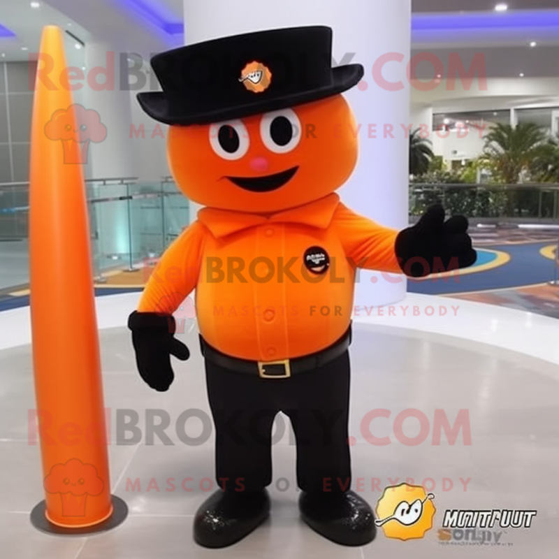 Black Orange mascot costume character dressed with a Flare Jeans and Berets