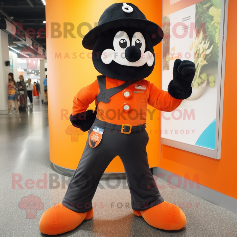 Black Orange mascot costume character dressed with a Flare Jeans and Berets