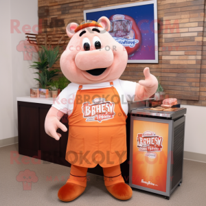 Peach Bbq Ribs mascot costume character dressed with a Henley Shirt and Bracelets