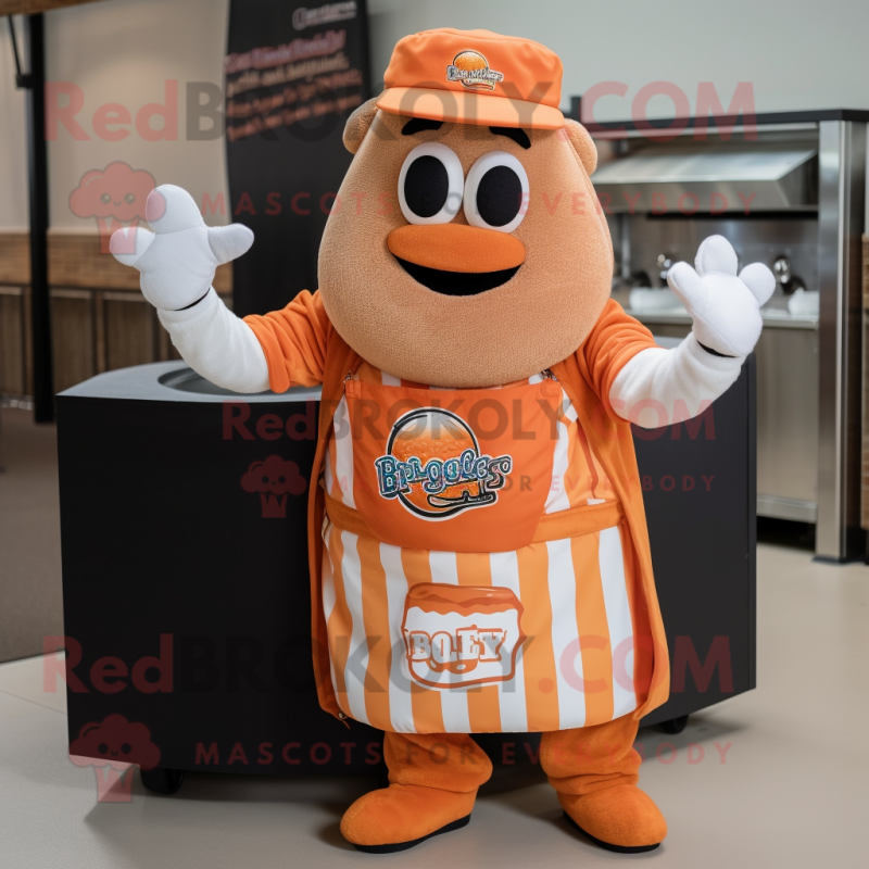 Peach Bbq Ribs mascot costume character dressed with a Henley Shirt and Bracelets Peach Bbq Ribs mascot costume character dressed with a Henley Shirt and Bracelets