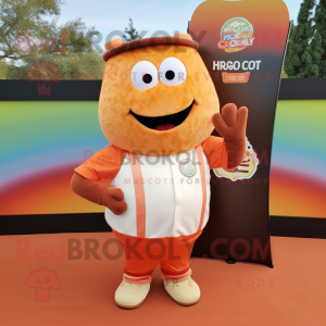 Peach Bbq Ribs mascot costume character dressed with a Henley Shirt and Bracelets