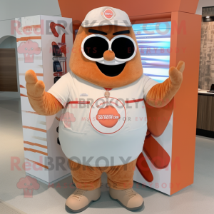 Peach Bbq Ribs mascot costume character dressed with a Henley Shirt and Bracelets
