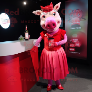 Red Sow mascot costume character dressed with a Cocktail Dress and Headbands