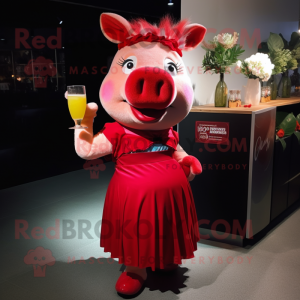Red Sow mascot costume character dressed with a Cocktail Dress and Headbands
