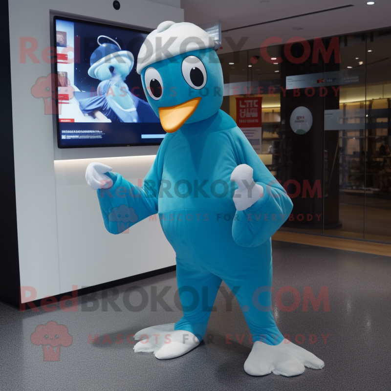 Cyan Gull mascot costume character dressed with a Jumpsuit and Caps Cyan Gull mascot costume character dressed with a Jumpsuit and Caps