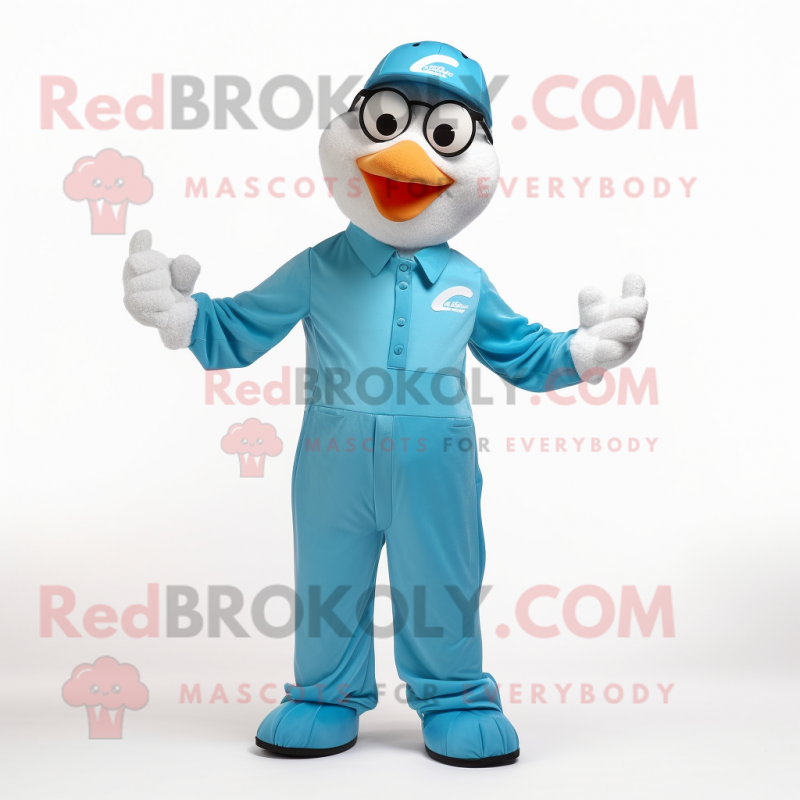 Cyan Gull mascot costume character dressed with a Jumpsuit and Caps Cyan Gull mascot costume character dressed with a Jumpsuit and Caps