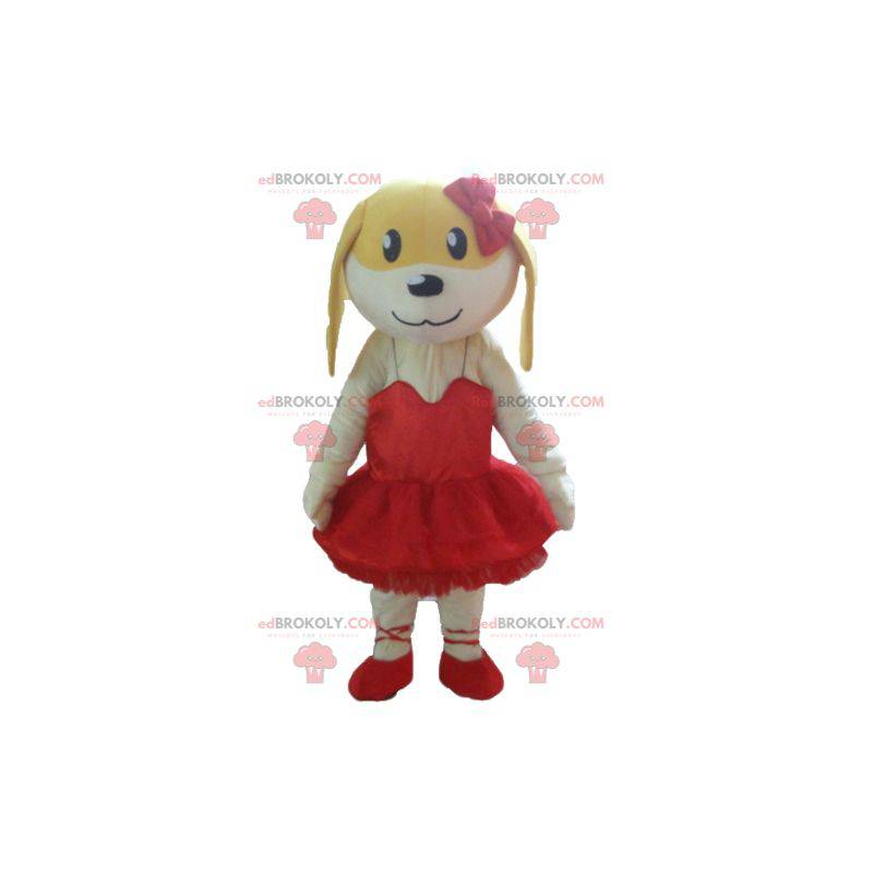 Mascote cachorro branco e amarelo com vestido vermelho -
