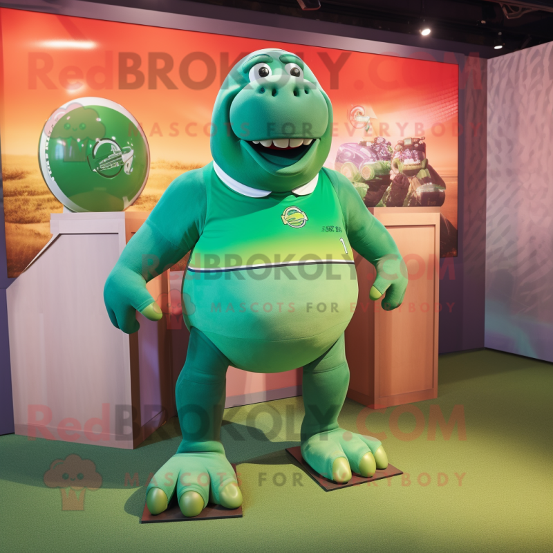 Green Walrus mascot costume character dressed with a Rugby Shirt and Anklets