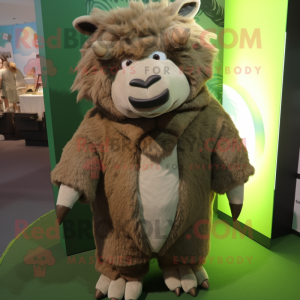 Olive Woolly Rhinoceros mascot costume character dressed with a Cardigan and Keychains