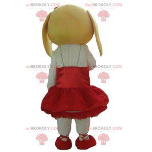 White and yellow dog mascot in red dress - Redbrokoly.com