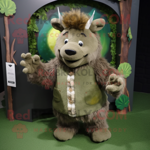 Olive Woolly Rhinoceros mascot costume character dressed with a Cardigan and Keychains