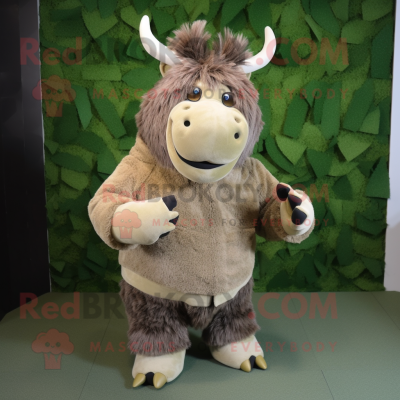 Olive Woolly Rhinoceros mascot costume character dressed with a Cardigan and Keychains