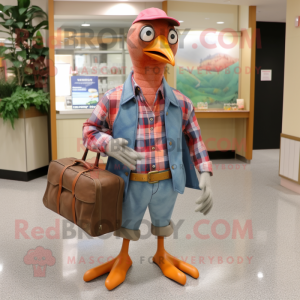 Peach Passenger Pigeon mascot costume character dressed with a Flannel Shirt and Wallets