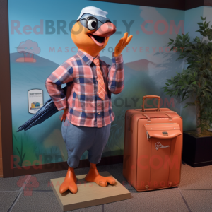 Peach Passenger Pigeon mascot costume character dressed with a Flannel Shirt and Wallets