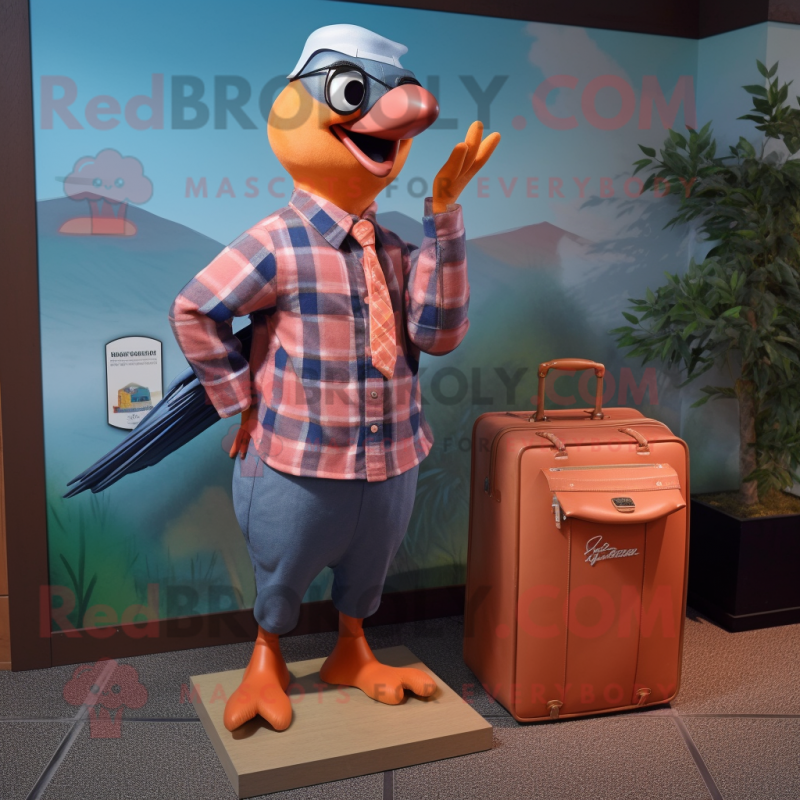 Peach Passenger Pigeon mascot costume character dressed with a Flannel Shirt and Wallets Peach Passenger Pigeon mascot costume character dressed with a Flannel Shirt and Wallets