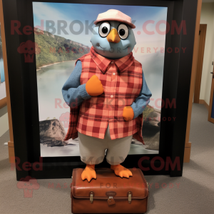 Peach Passenger Pigeon mascot costume character dressed with a Flannel Shirt and Wallets