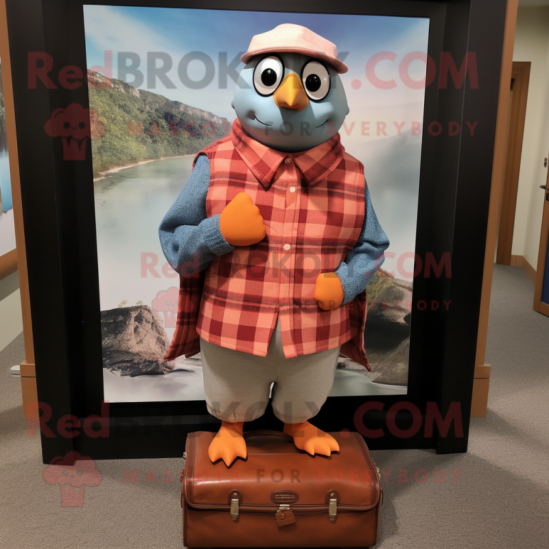 Peach Passenger Pigeon mascot costume character dressed with a Flannel Shirt and Wallets Peach Passenger Pigeon mascot costume character dressed with a Flannel Shirt and Wallets