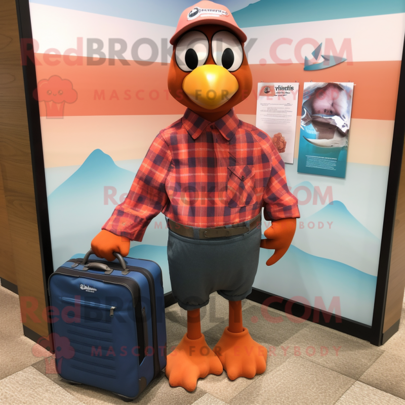 Peach Passenger Pigeon mascot costume character dressed with a Flannel Shirt and Wallets