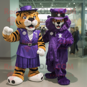 Purple Saber-Toothed Tiger mascot costume character dressed with a A-Line Dress and Berets