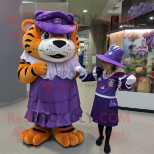 Purple Saber-Toothed Tiger mascot costume character dressed with a A-Line Dress and Berets