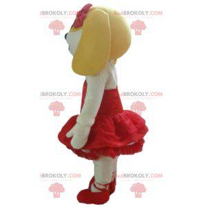 Mascote cachorro branco e amarelo com vestido vermelho -