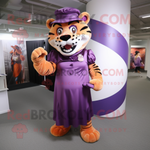 Purple Saber-Toothed Tiger mascot costume character dressed with a A-Line Dress and Berets