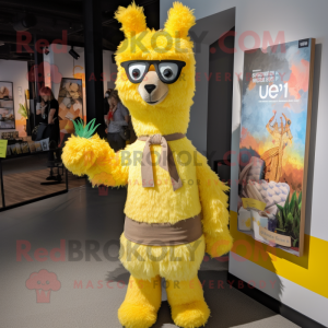 Yellow Llama mascot costume character dressed with a Cover-up and Bow ties