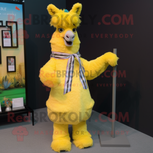 Yellow Llama mascot costume character dressed with a Cover-up and Bow ties